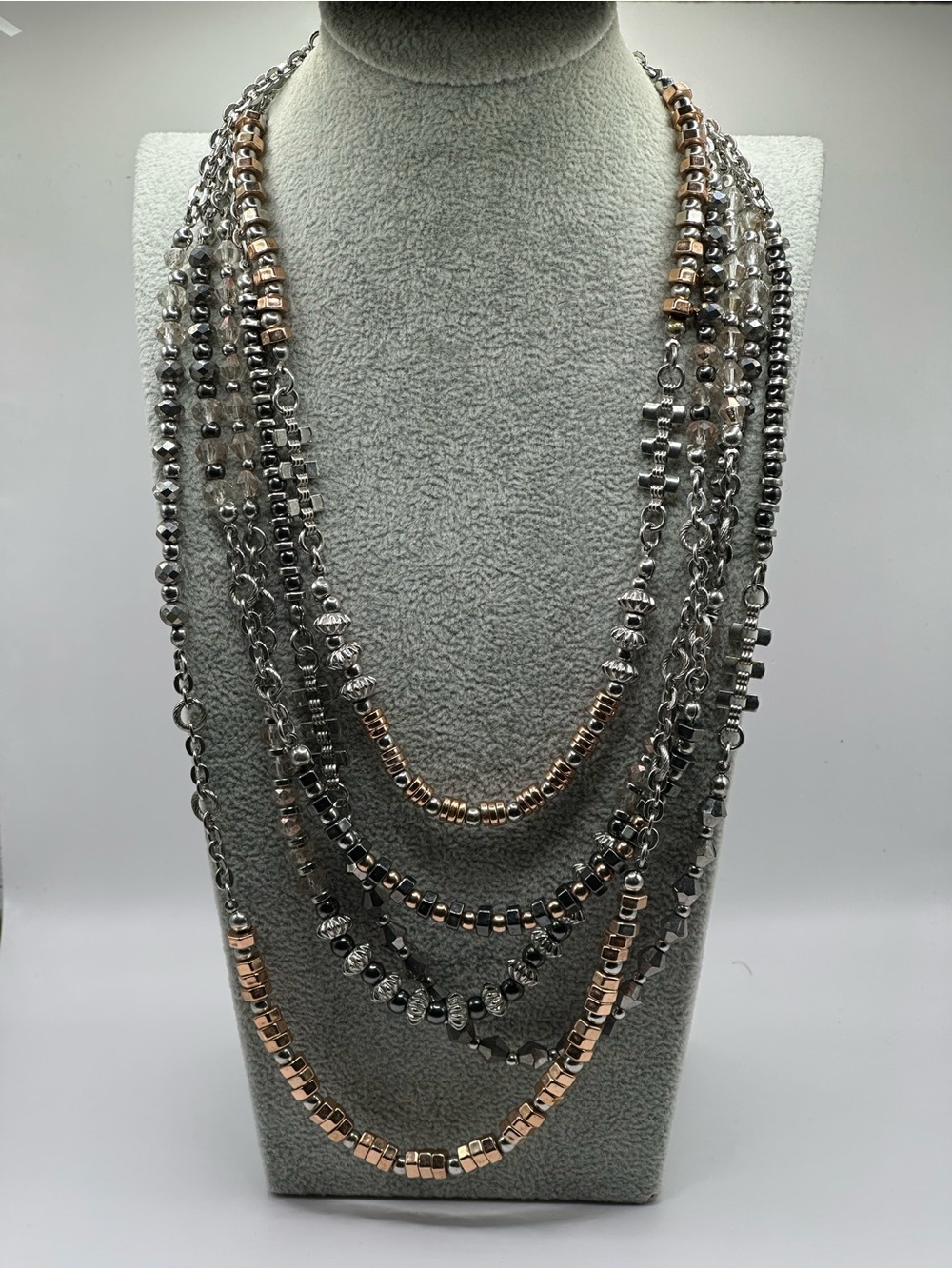 Multi Strand Statement Necklace Silver Rose Gold Black Beaded Layered